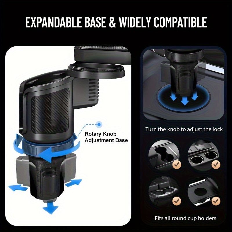 "4-in-1 Car Cup Holder Tray & Tablet/Phone Mount - Dual Expandable Base, ABS Adjustable Rotatable Cradle - Compatible with 4.7-13"" Devices - For Drivers & Passengers - Perfect for Road Trips & Everyday Use - Great Gift for Car Enthusiasts"