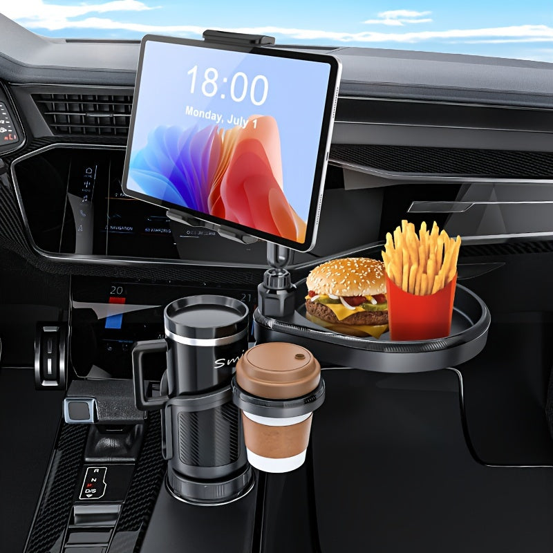 "4-in-1 Car Cup Holder Tray & Tablet/Phone Mount - Dual Expandable Base, ABS Adjustable Rotatable Cradle - Compatible with 4.7-13"" Devices - For Drivers & Passengers - Perfect for Road Trips & Everyday Use - Great Gift for Car Enthusiasts"