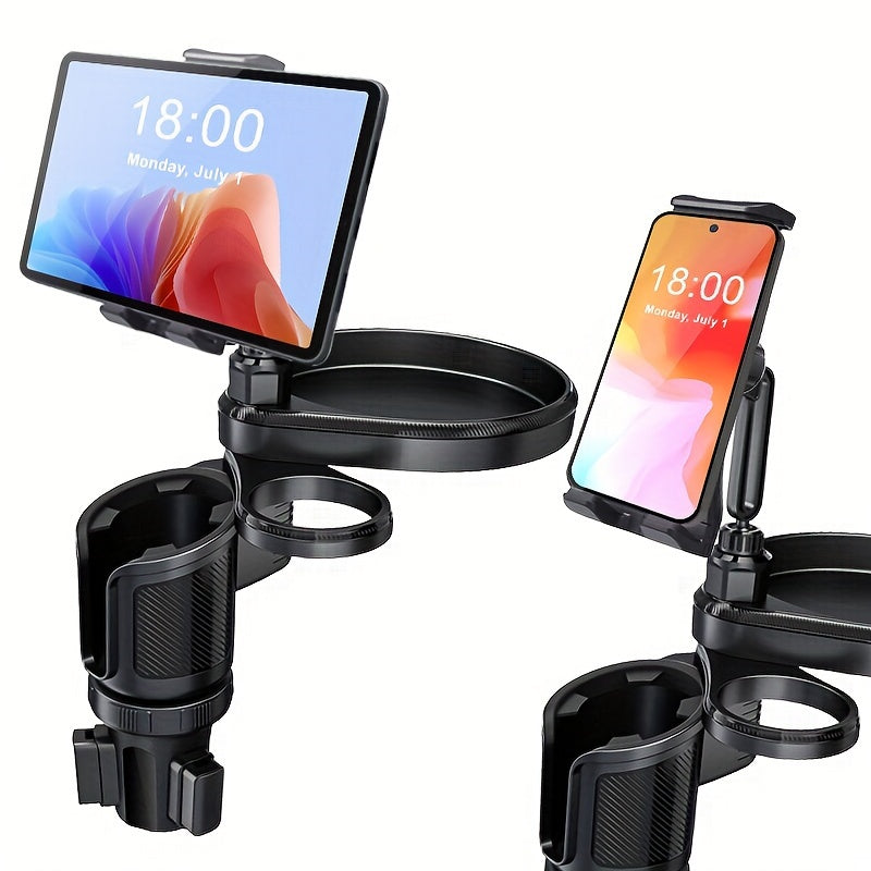 "4-in-1 Car Cup Holder Tray & Tablet/Phone Mount - Dual Expandable Base, ABS Adjustable Rotatable Cradle - Compatible with 4.7-13"" Devices - For Drivers & Passengers - Perfect for Road Trips & Everyday Use - Great Gift for Car Enthusiasts"