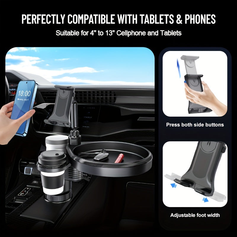 "4-in-1 Car Cup Holder Tray & Tablet/Phone Mount - Dual Expandable Base, ABS Adjustable Rotatable Cradle - Compatible with 4.7-13"" Devices - For Drivers & Passengers - Perfect for Road Trips & Everyday Use - Great Gift for Car Enthusiasts"